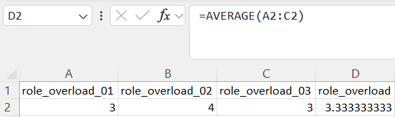 Excel screenshot showing the AVERAGE function calculating a construct mean